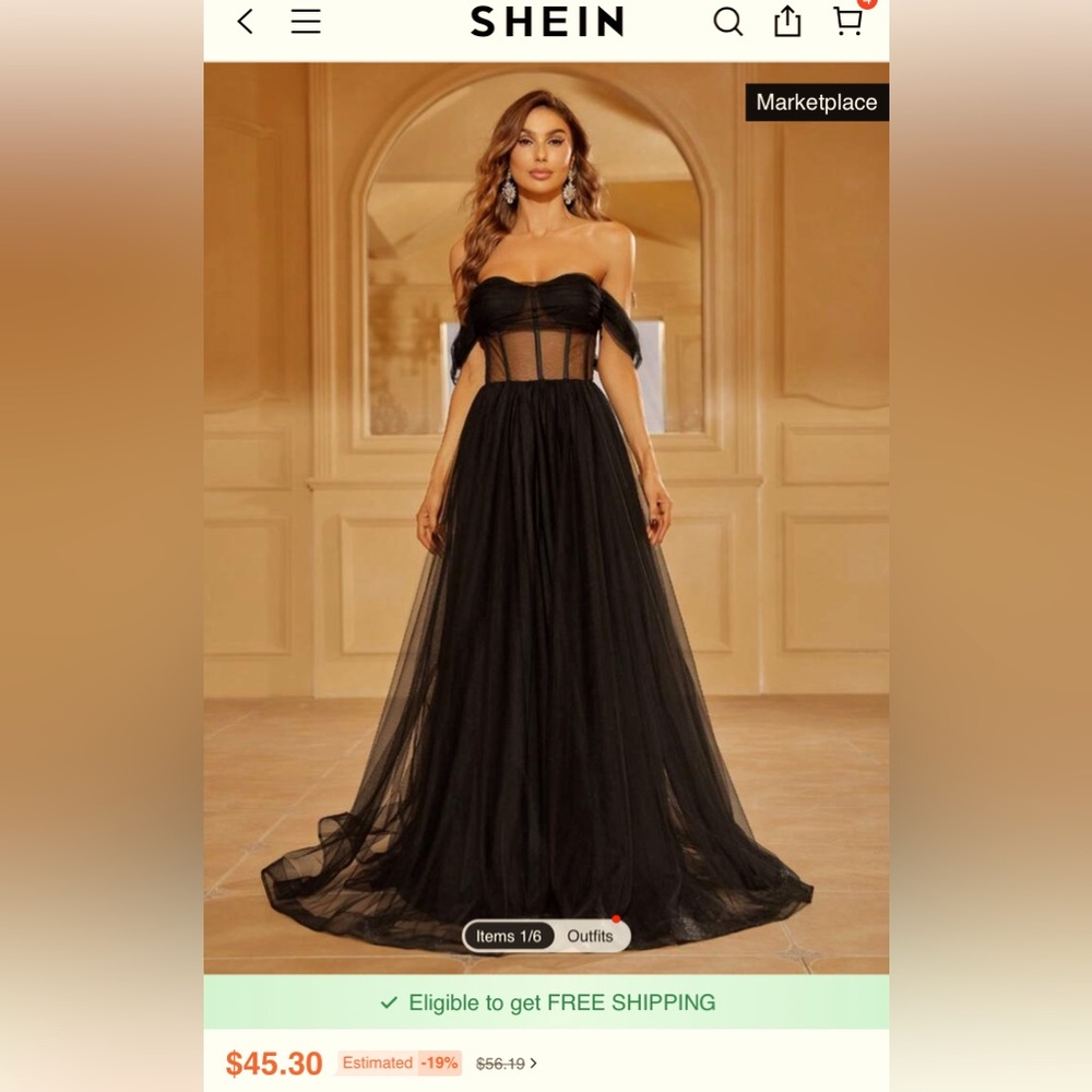 Never worn! SHEIN-Elegant black mesh off-shoulder dress